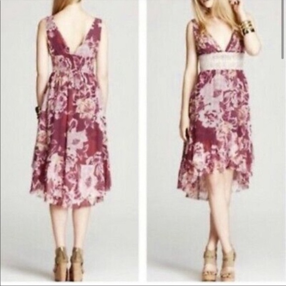 Free People V Neck High‎ Low Midi Dress in Purple Floral Size 2 - Picture 1 of 6
